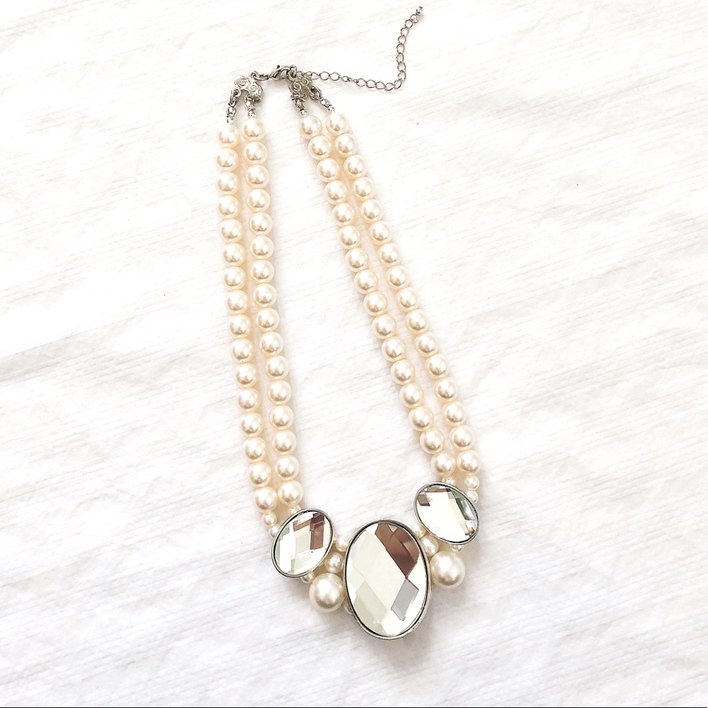 Layered Faux Pearl Beaded Crystal Statement Necklace Multi-Strand Silver Chain